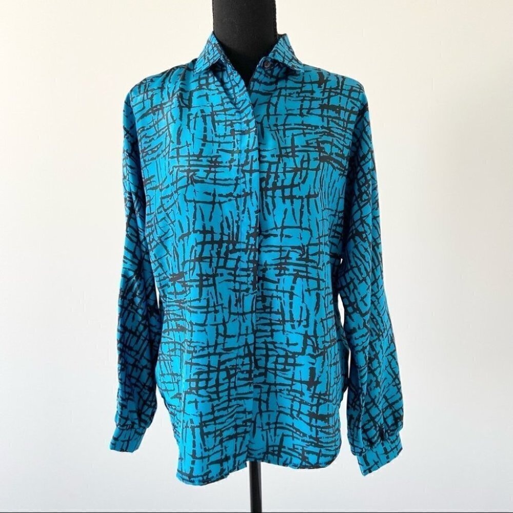 Vintage Les Modes JMS Abstract Check Print Button Down Blouse